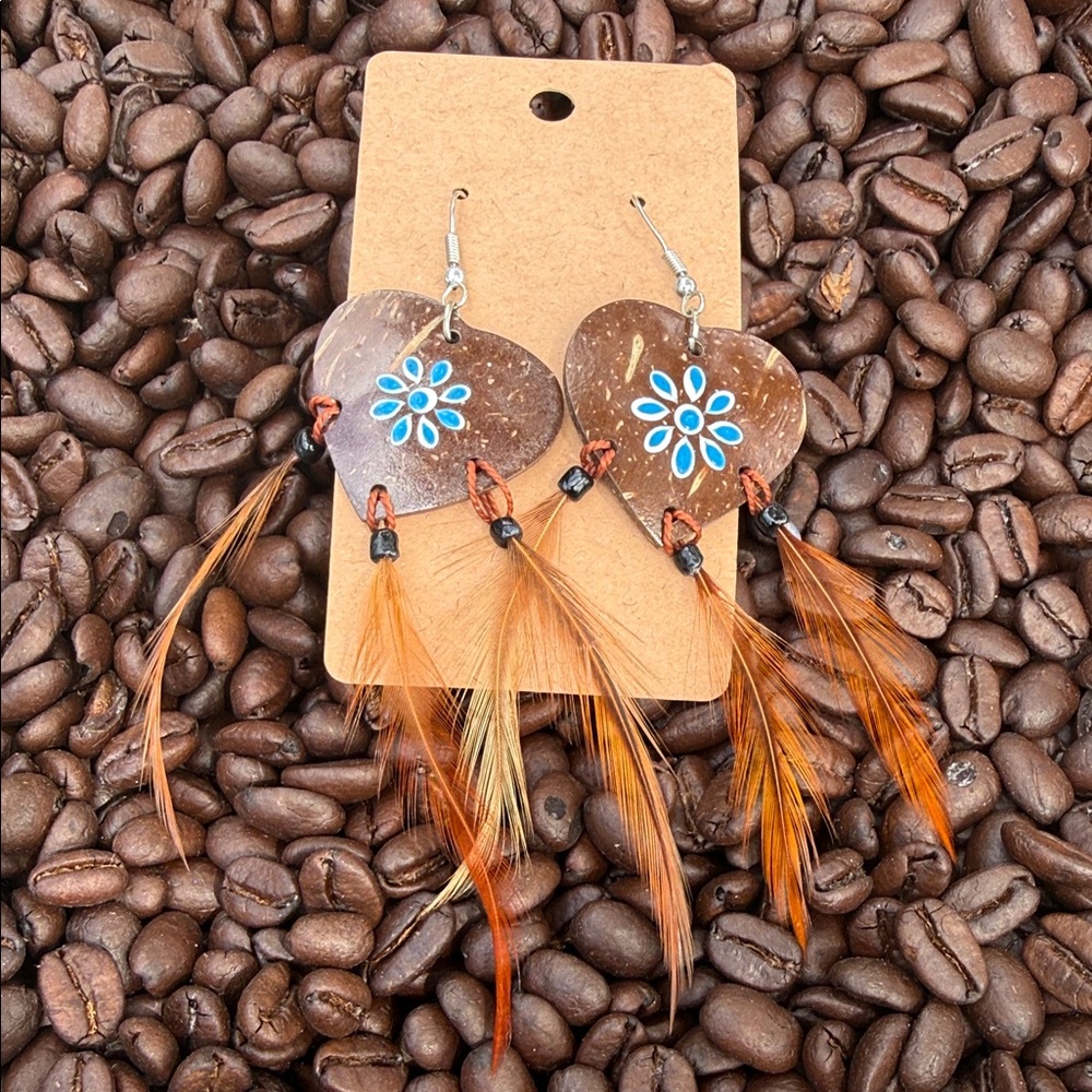 Handmade Brown Coconut Heart Earrings with Blue Flower and Orange Feathers